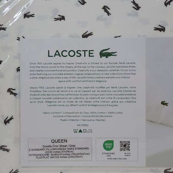 Lacoste Queen Sheet Set 100% Cotton Percale Lightweight Durable Crocodile - Picture 6 of 11